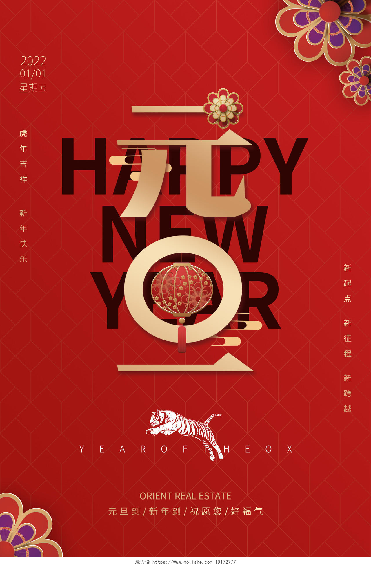 红色喜庆大气2022元旦新年快乐海报设计
